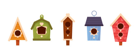 Set of Wooden Bird Houses, Colorful Feeders, Sweet Homes for Birds of Different Design with Slope Roof. Birdhouses, Nestのイラスト素材