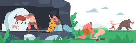 Prehistoric Ages People Wear Animal Skin Use Primitive Tools for Hunting, Light a Fire, Painting. Man Chase Mammothのイラスト素材