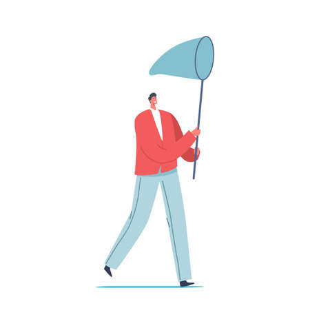Businessman with Butterfly Net. Business Man Chasing Inspirational Creative Idea Flying in Air, Catching Inspirationのイラスト素材