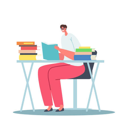Young Woman Holding Book Sitting at Desk Prepare to Examination or Make Homework. Student Girl Character Readingのイラスト素材