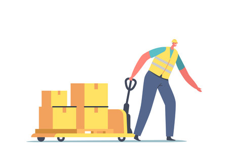 Cargo Transportation, Storage Logistic Concept. Worker in Uniform Pull Hand Truck with Carton Boxes. Export, Importのイラスト素材