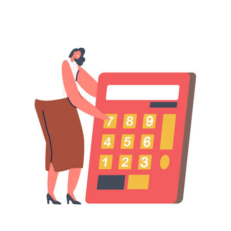 Business Character Holding Huge Calculator in Hands Isolated on White Background. Woman Working, Counting Percentのイラスト素材