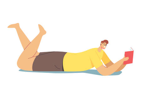 Man Lying on Floor Reading Book. University Student Prepare to Exam, Learning Classes, Male Character Back to Schoolのイラスト素材