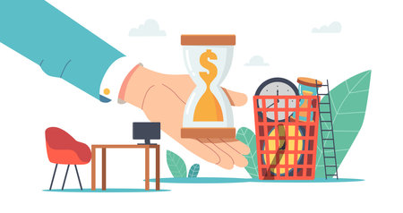 Wasting Time and Money, Procrastination Postponing Work Concept. Huge Businessman Hand Holding...