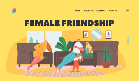Female Characters Friendship Landing Page Template. Girlfriends Meet at Home. Couple of Women Friends Sitting on Couchのイラスト素材