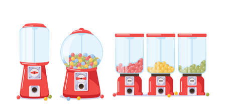Set of Gumball Machines with Candies, Full and Empty transparent Dispensers, Vending Machines with Colored Bubble Gumsのイラスト素材