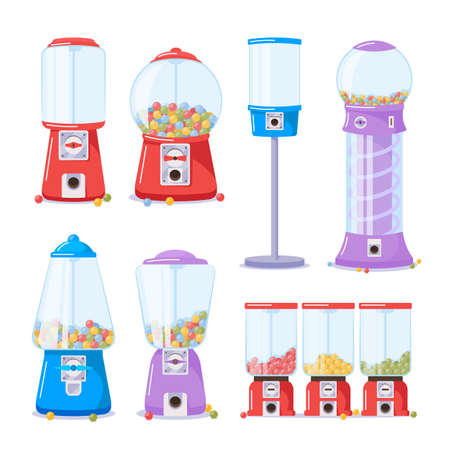 Set Gumball Machines, Dispenser with Bubble Gums Isolated on White Background. Full and Empty Vending Machinesのイラスト素材