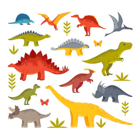 Cute Baby Dinosaurs, Dragons and Funny Dino Characters Set. Tyrannosaurus Rex, Stegosaurus, Pterodactyl, Brontosaurusのイラスト素材