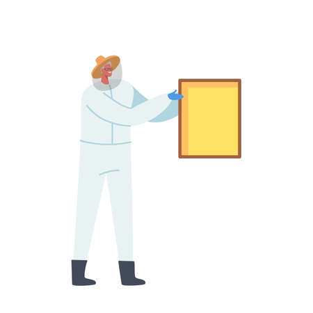 Apiculture, Honey Production. Beekeeper Male Character in Protective Suit with Hat Caring of Bees Taking Honey Frameのイラスト素材
