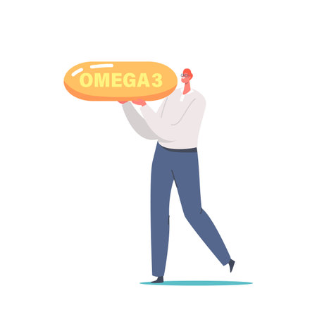 Tiny Young Male Character Carry Huge Capsule of Omega 3 Oil. Man with Drop in Hands, Vitamin, Bio Active Supplementsのイラスト素材