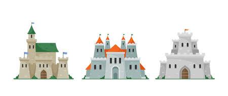 Set of Castles, Fabulous Fortress, Ancient Architecture of Middle Ages Europe, Medieval Palaces with...