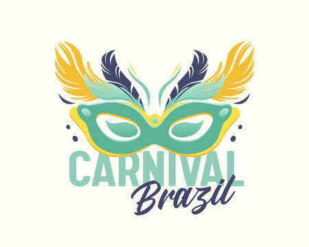 Brazil Carnival Emblem with Elegant Green Mask with Feathers, Brazilian Rio Masquerade, Party or Festival Celebrationのイラスト素材