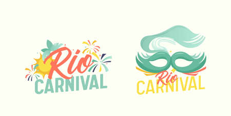 Rio Carnival Emblems with Mask and Fireworks, Isolated Festive Banners, Stickers or Labels for Brazilian Holidayのイラスト素材