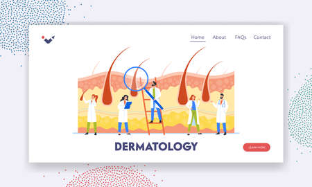 Dermatology Landing Page Template. Consultation with Trichologist. Tiny Doctors Dermatologists or Cosmetologistsのイラスト素材
