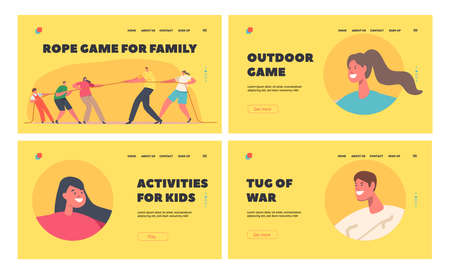 Rope Game for Family Landing Page Template Set. Mom, Dad and Children Characters Tear Rope, Tug of...