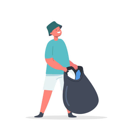 Volunteer Child Cleaning Garbage from Ground in Sack, Kid Collect Trash. Volunteering Charity, Ecology Protectionのイラスト素材