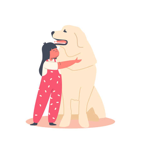 Love to Animals, Childhood Concept. Kid Girl Hug Huge Retriever Dog, Child Character Cuddle with Pet, Baby Embrace Doggyのイラスト素材