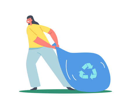 Girl Pull Garbage Sack Isolated on White Background. Child Character Clean Park. Trash Cleanup, Ecology Protectionのイラスト素材