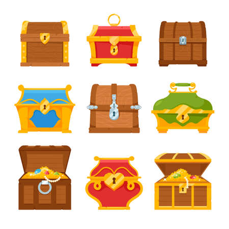 Set Treasure Chests. Fantasy Pirate Wooden Boxes With Golden Coins, Jewelry Gems, Ancient Medieval Treasury Collectionのイラスト素材