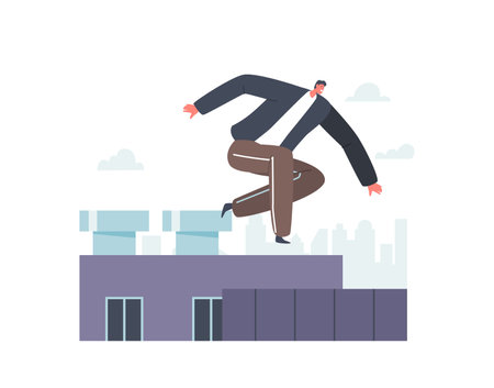 Character Parkour Extreme Tricks, Man Street Jumping Over Walls and Building Roof, Urban Sport Activity and Cultureのイラスト素材