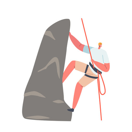 Extreme Sport, Hiking and Leisure Activity Concept. Young Climber Male Character Climbing the Mountain. Man with a Ropeのイラスト素材