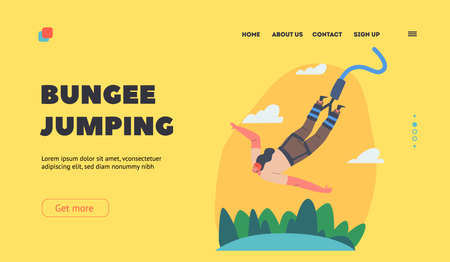 Extreme Sports Bungee Jumping Landing Page Template. Brave Female Character Jump with Rope from Great Height, Funのイラスト素材