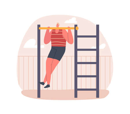Male Character Exercising Outdoors Pull Himself Up on the Horizontal Bar, Sports Activities at Yard,...