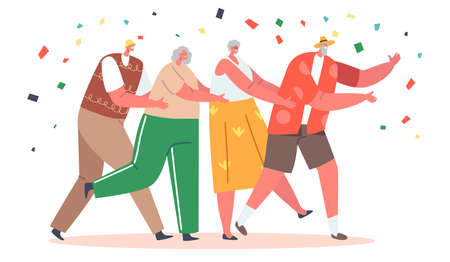 Pensioners Characters Dance in Row, Old People Stand in Line Dancing Conga with Confetti Falling. Elderly Men and Womenのイラスト素材