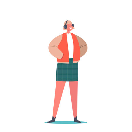 Happy Girl in Headphones Smiling. Positive Teenager Character in Fashionable Clothes, Jacket and Skirt. Kid Happinessのイラスト素材