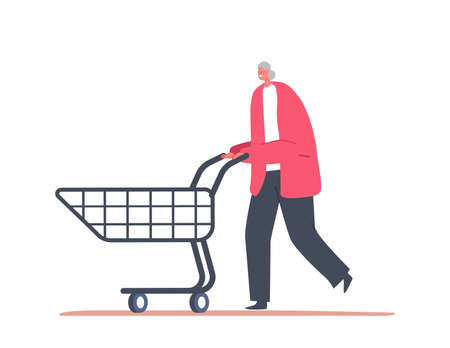 Happy Senior Woman Walk with Shopping Cart, Cheerful Female Character Purchase in Supermarket or Grocery, Elderly Buyerのイラスト素材