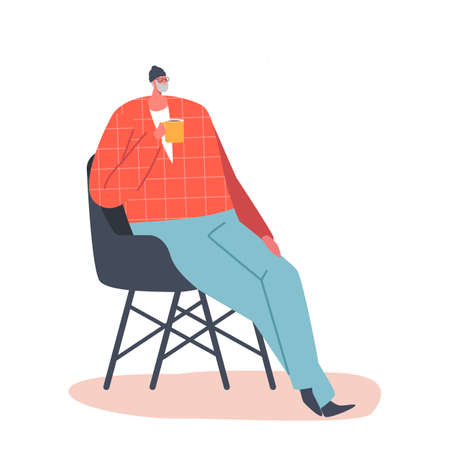 Senior Male Character In Hipster Clothes Sitting on Comfortable Armchair with Cup of Tea in Hands Isolated on Whiteのイラスト素材