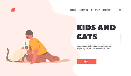 Kids and Cats Landing Page Template. Love, Tenderness to Animals, Preteen Kid Hug and Caress Cat, Little Child Character Cuddle with Pet, Boy Play with Cute Kitten. Cartoon People Vector Illustrationのイラスト素材