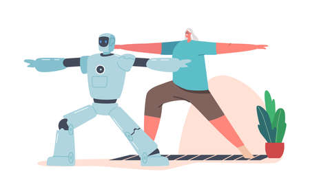 Cyborg and Elderly Woman Characters Doing Exercises Together. Robot Spend Time with Old Lady. Ai Bot Sports Workoutのイラスト素材