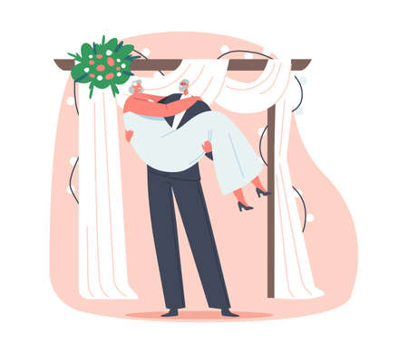Aged Groom Holding Bride on Hands under Floral Arch during Wedding Ceremony, Senior Newlywed Couple Charactersのイラスト素材