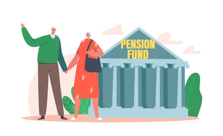 Happy Senior Couple Stand at Pension Fund Building. Old People Saving Money, Characters Retirement Plan, Finance Programのイラスト素材