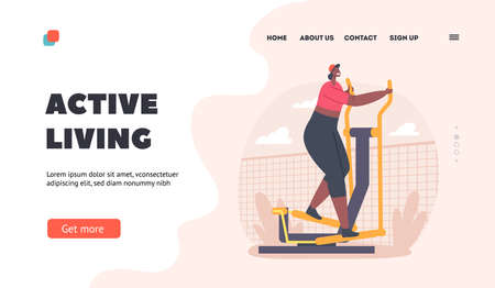 Active Living Landing Page Template. African Woman Running on Treadmill in House Yard. Girl in Sportswear Exercisingのイラスト素材