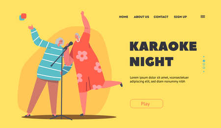 Karaoke Night Landing Page Template. Happy Senior Female Characters Cheerfully Singing Songs in Bar, Happy Old Ladiesのイラスト素材