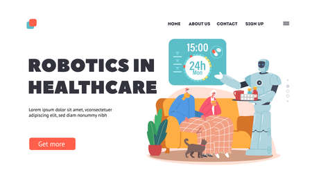 Robot Assistant Care for Elderly People Landing Page Template. Cyborg Remind to Old People Take Medicine in Time. Smart Ai Caregiver Assist to Disabled Senior Characters. Cartoon Vector Illustrationのイラスト素材