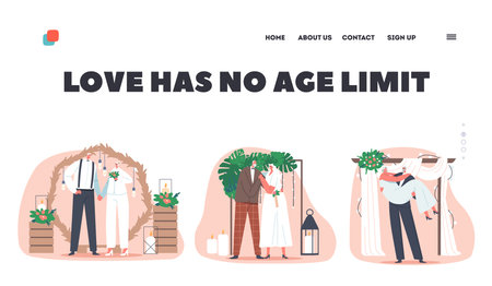Aged Newlywed Love Landing Page Template. Senior Characters Wedding Ceremony. Happy Bridal Couple Man and Womanのイラスト素材