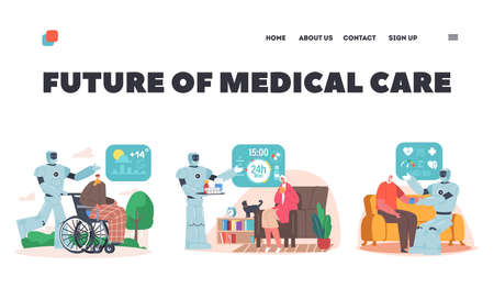 Future of Medical Care for Seniors Landing Page Template. Robots Help Elderly People. Ai Cyborg Walk with Old Manのイラスト素材