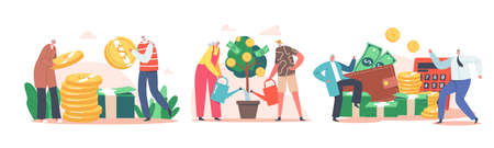 Elderly Characters Money Savings, Aged People Grow Money Tree, Collect Coins and Banknotes. Pension, Banking Account. Financial Security, Seniors Planning Budget. Cartoon People Vector Illustrationのイラスト素材