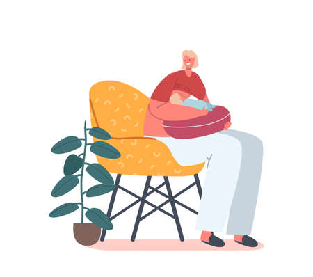 Breastfeeding Positions Concept, Female Character Feeding Baby with Breast Using Special Pillow for Newborn Childのイラスト素材