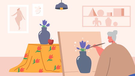 Senior Woman Artist Hold Paintbrush in Hand in Front of Canvas on Easel Drawing Vase with Flowers. Aged Lady Hobbyのイラスト素材