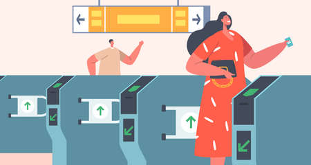 Metro Passengers Scanning Electronic Train Ticket at Turnstiles Entrance, Male and Female Characters in Public Transportのイラスト素材