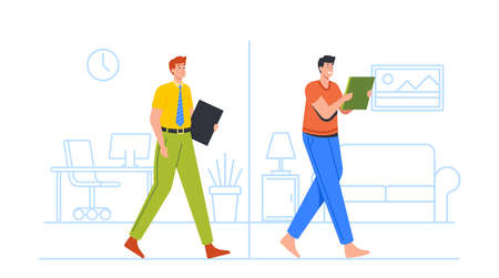 Distant Working from Home, Flexibility Concept. Male Character Hybrid Work, Man at Separated Area Office and Homeのイラスト素材