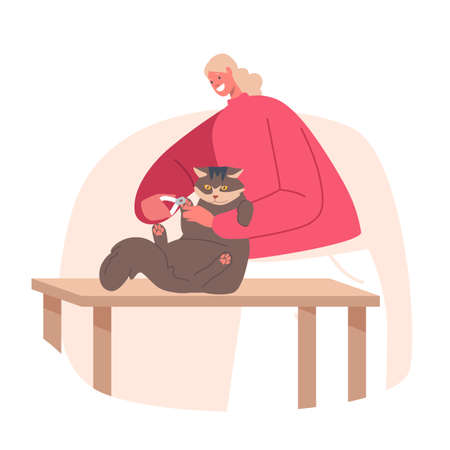 Hairdresser Female Character Cutting Cats Talons with Scissors in Salon, Groomer Woman Provides Grooming Serviceのイラスト素材