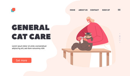 Kitten Beauty. Landing Page Template. Hairdresser Character Cutting Cat Talons with Scissors in Salon, Animal Careのイラスト素材