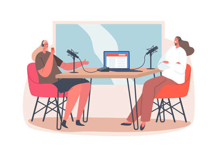 Couple of Female Characters Wear Headphones Sitting in Studio with Microphones and Laptop on Desk Drinking Coffee, Speakのイラスト素材