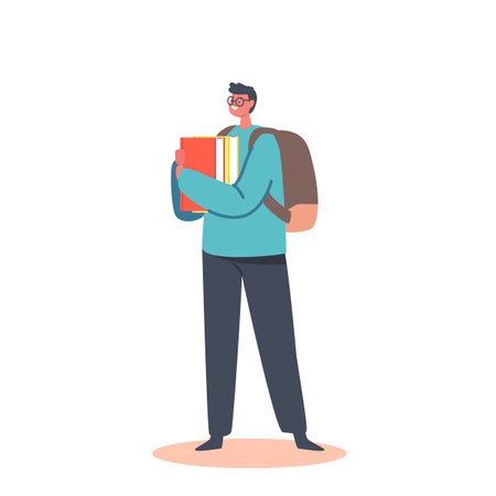 Learning in University or College, Educated Teenager. Young Man Student Character in Glasses with Backpack and Booksのイラスト素材