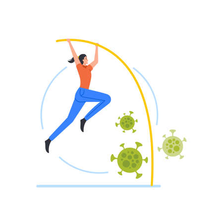 Businesswoman Jump Pole Vaulting Over Coronavirus Pathogens during Worldwide Lockdown and Financial Crisisのイラスト素材